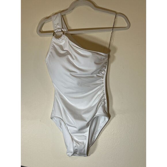White One Shoulder Ring Detail Swimsuit Modern Classic Chic Summer - Size‎ 8 - Picture 3 of 4